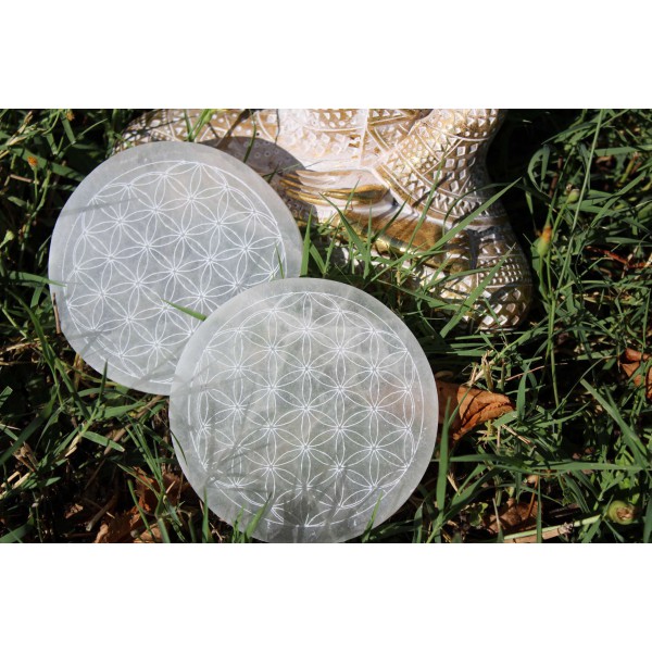 Sélénite - Plaque ronde avec motif Fleur de Vie